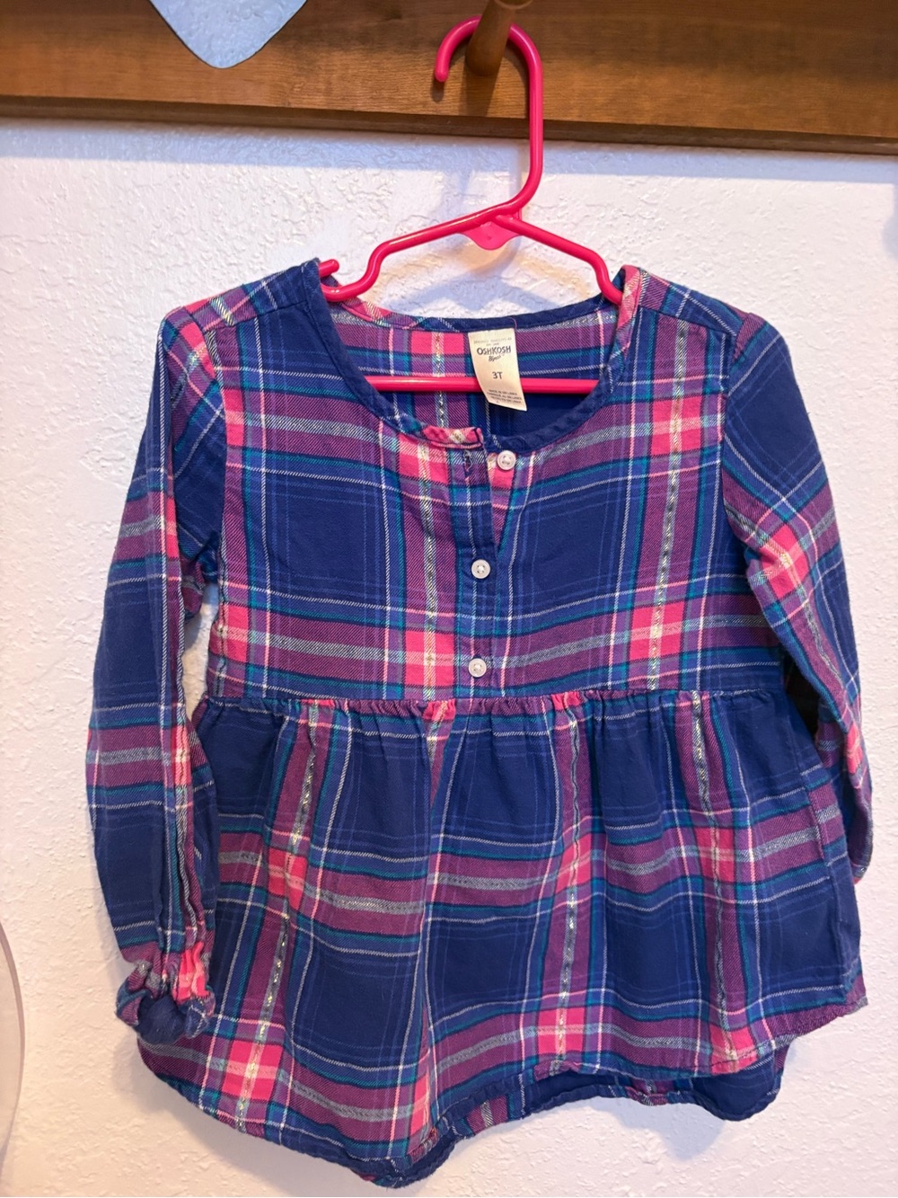 OshKosh B'gosh Navy and Pink Plaid Long-Sleeve Girls Top